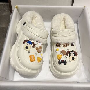 可拆卸内胆棉拖鞋可拆卸加绒洞洞鞋女冬季外穿2025新款厚底增高包