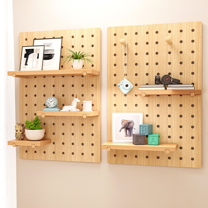 洞洞板置物架挂板墙上展示架实木收纳墙木质墙面储物柜免打孔入户