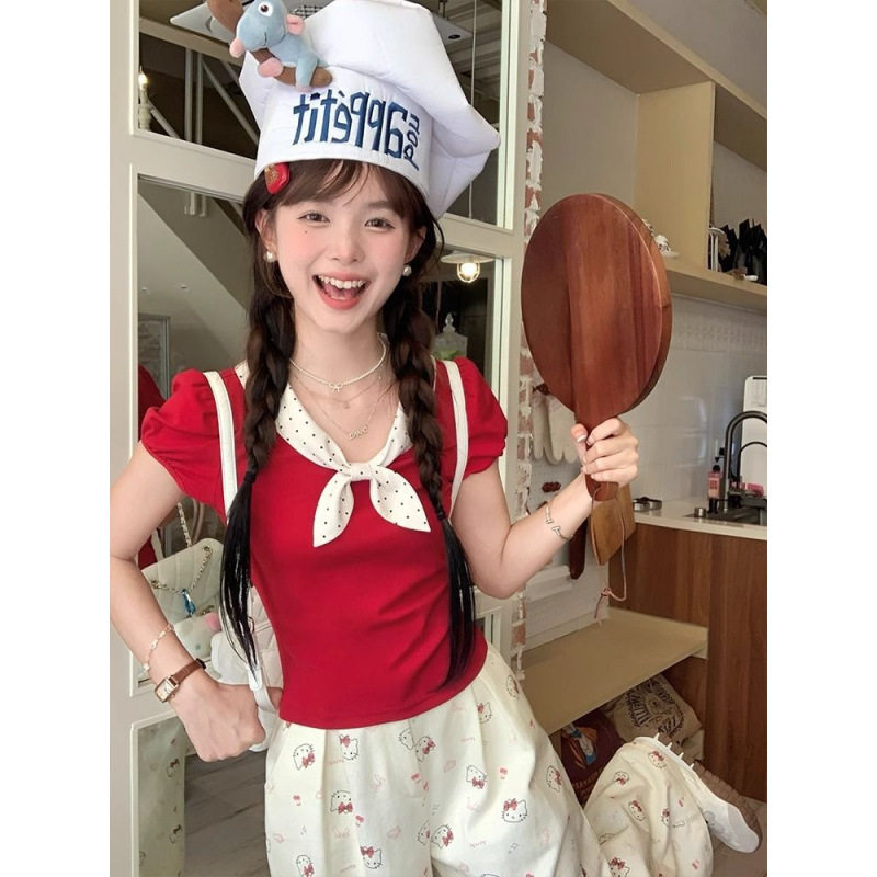 韩系红色波点蝴蝶结短袖t恤女夏T恤