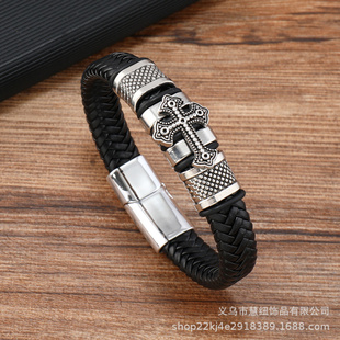 简约皮质编织手环 欧美风合金手镯饰品 十字架男士 手链