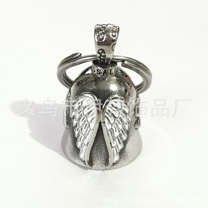 外贸机车风不锈钢链条项链复古天使恶魔翅膀铃铛钥匙扣