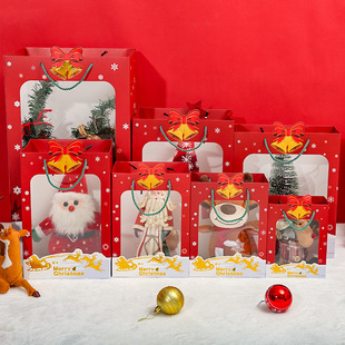 新款圣诞手提袋烫金开窗礼品袋苹果透明礼物袋礼盒包装平安夜纸袋