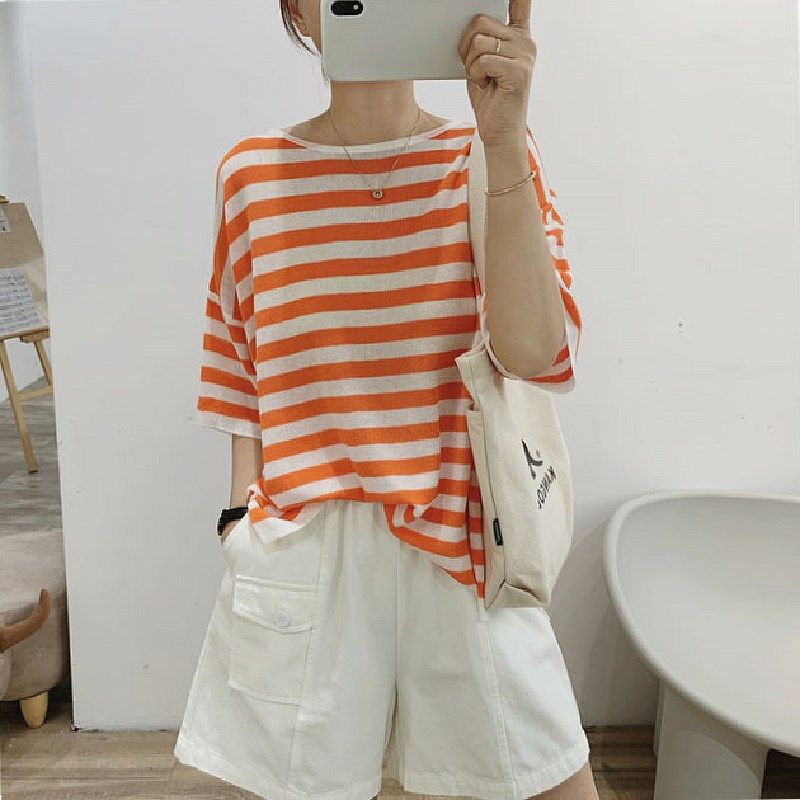 条纹短袖T恤女2022夏季新款韩国冰麻丝针织宽松显瘦简约圆领上衣