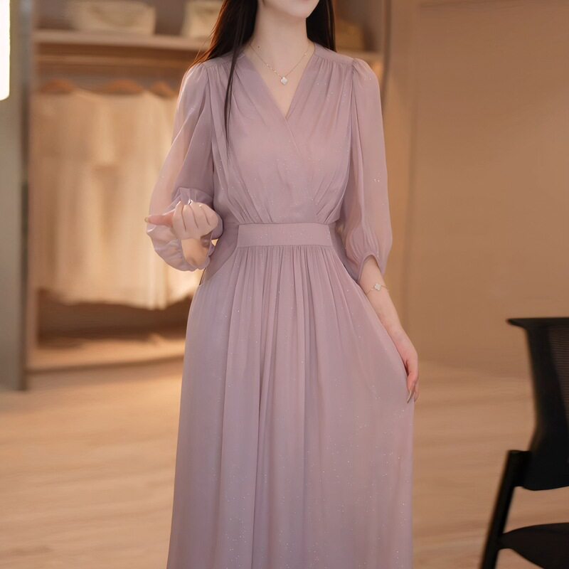 轻奢 高级感气质V领中长款紫色连衣裙女夏季法式复古收腰显瘦裙子