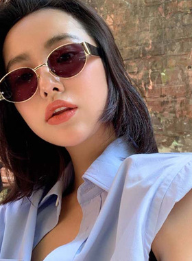 新款 2020新款网红茶色眼镜女 欧美ins复古椭圆小框嘻哈太阳镜蹦