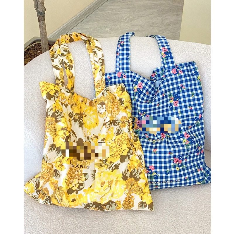 新品 INS新品印花单肩包博主Rouje蓝色格纹花朵字母帆布袋托特包,箱包皮具/热销女包/男包,托特包,淘宝优惠券,粉丝福利购,淘宝优惠卷