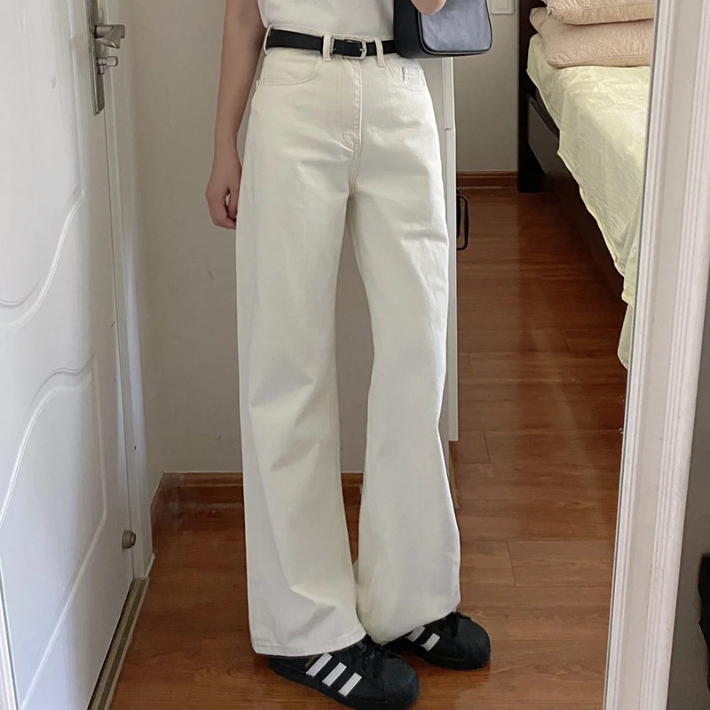 白色加绒宽松窄版牛仔裤女2025秋冬高腰显瘦小个子直筒阔腿通勤风