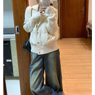 白色撞色针织棉服女短款2025年时尚新款轻薄立领薄款外套长袖常规