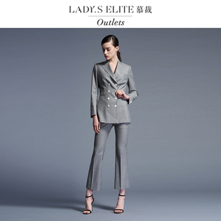 慕裁 灰色格纹西装女喇叭裤套装2025夏季新款时尚通勤气质西服
