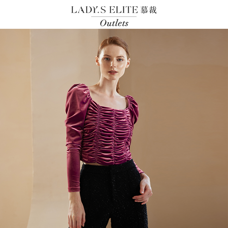 慕裁 电光紫抽褶丝绒短上衣女25淑女温柔气质长袖梯型领衬衫