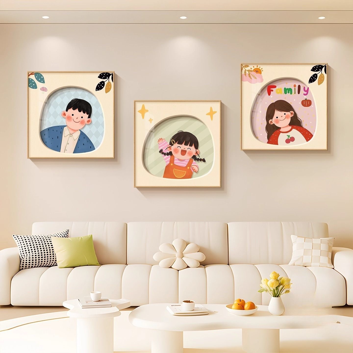 一家三四口客厅装饰画多巴胺沙发背景墙正方形挂画奶油风餐厅壁画图片
