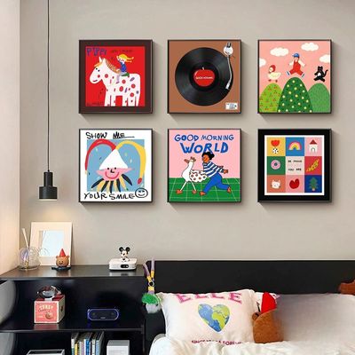 ins多巴胺风治愈系客厅玄关装饰画小众艺术卡通设计感组合壁挂画