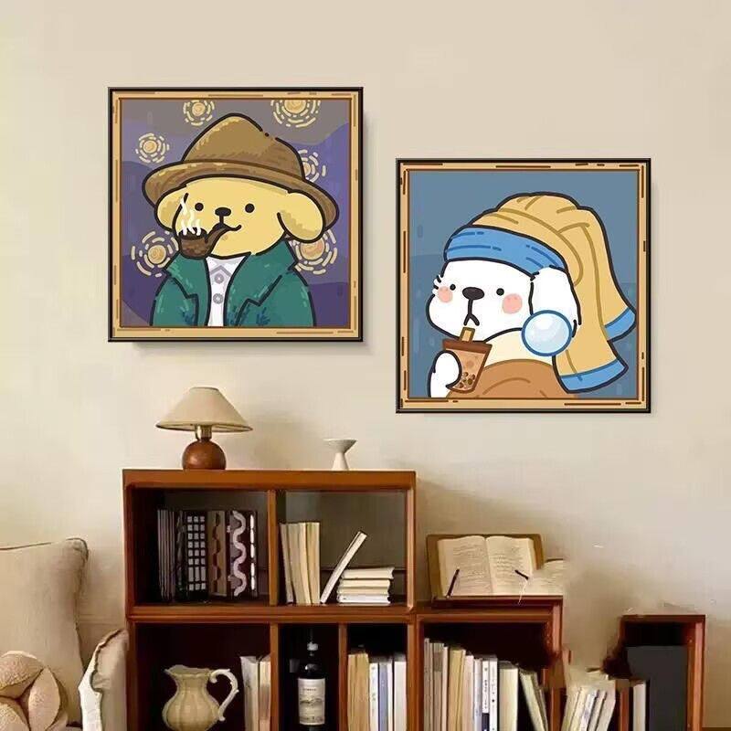恶搞线条小狗世界名画装饰画梵高戴耳环的少女客厅挂画卧室壁画