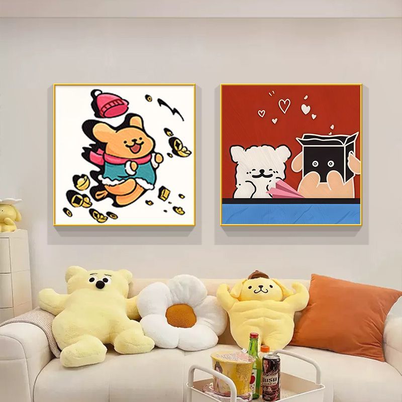 多巴胺线条小狗客厅装饰画餐厅挂画可爱卡通儿童房卧室ins风壁画图片