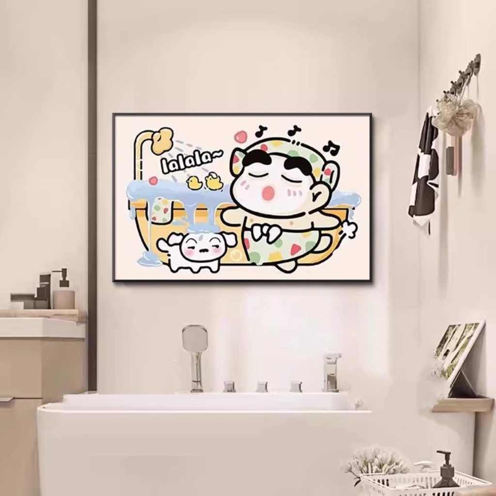 洗澡的蜡笔小新装饰画防水免打孔洗手间卫生间创意遮丑壁画挂画