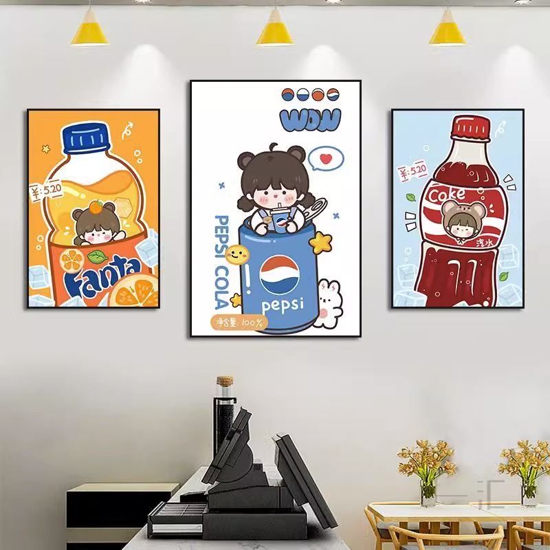 甜品店水果店雪糕饮品店装饰画奶茶店挂画零食店Q版可爱卡通壁画图片