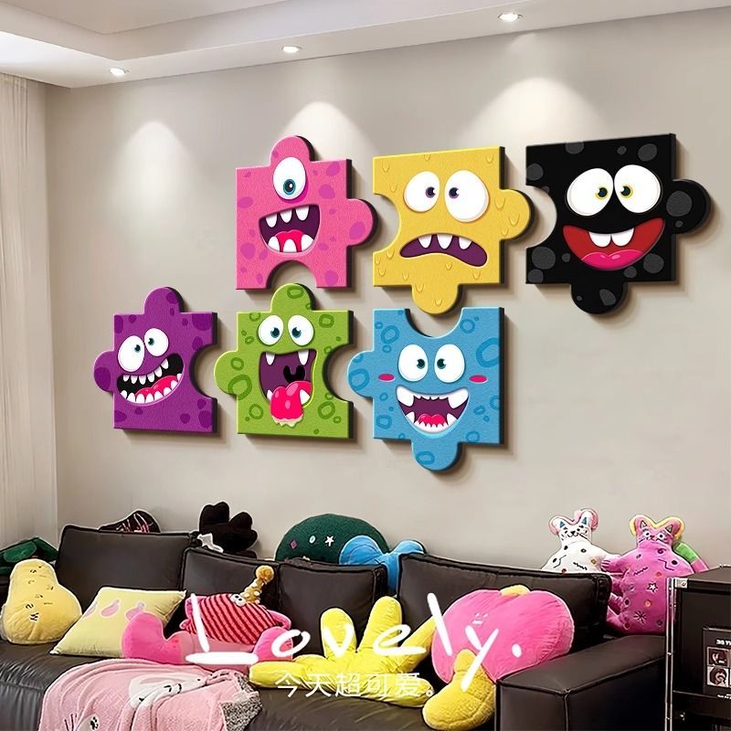 创意拼图趣味多巴胺客厅装饰画沙发背景墙挂画卡通潮流餐厅墙壁画图片