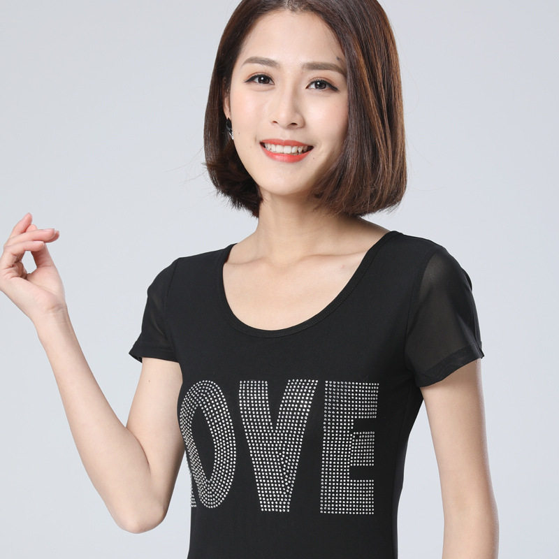 2019夏新款网纱时尚百搭t恤加大码love镶钻女士打底衫短袖薄款