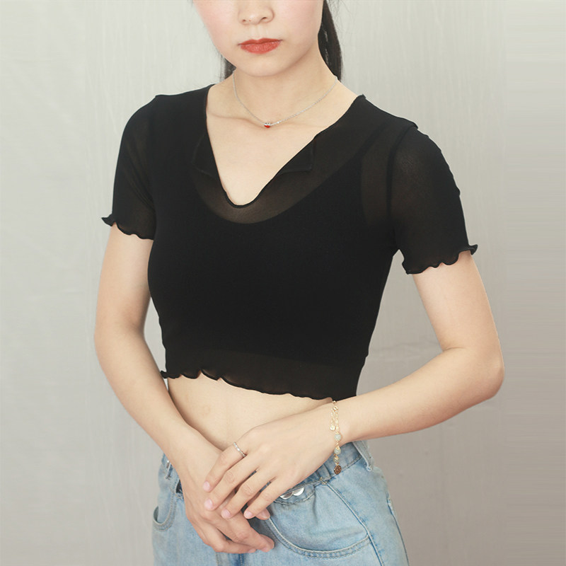 短款网纱上衣女设计感夏季内搭薄纱t紧身短袖半截蕾丝透视打底衫