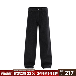 休闲裤 REDCHARCOAL 宽松做旧直筒男士 男新款 红炭黑色防褪色牛仔裤