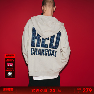 REDCHARCOAL红炭后背贴布绣开衫连帽卫衣男春季新款男士拉链上衣