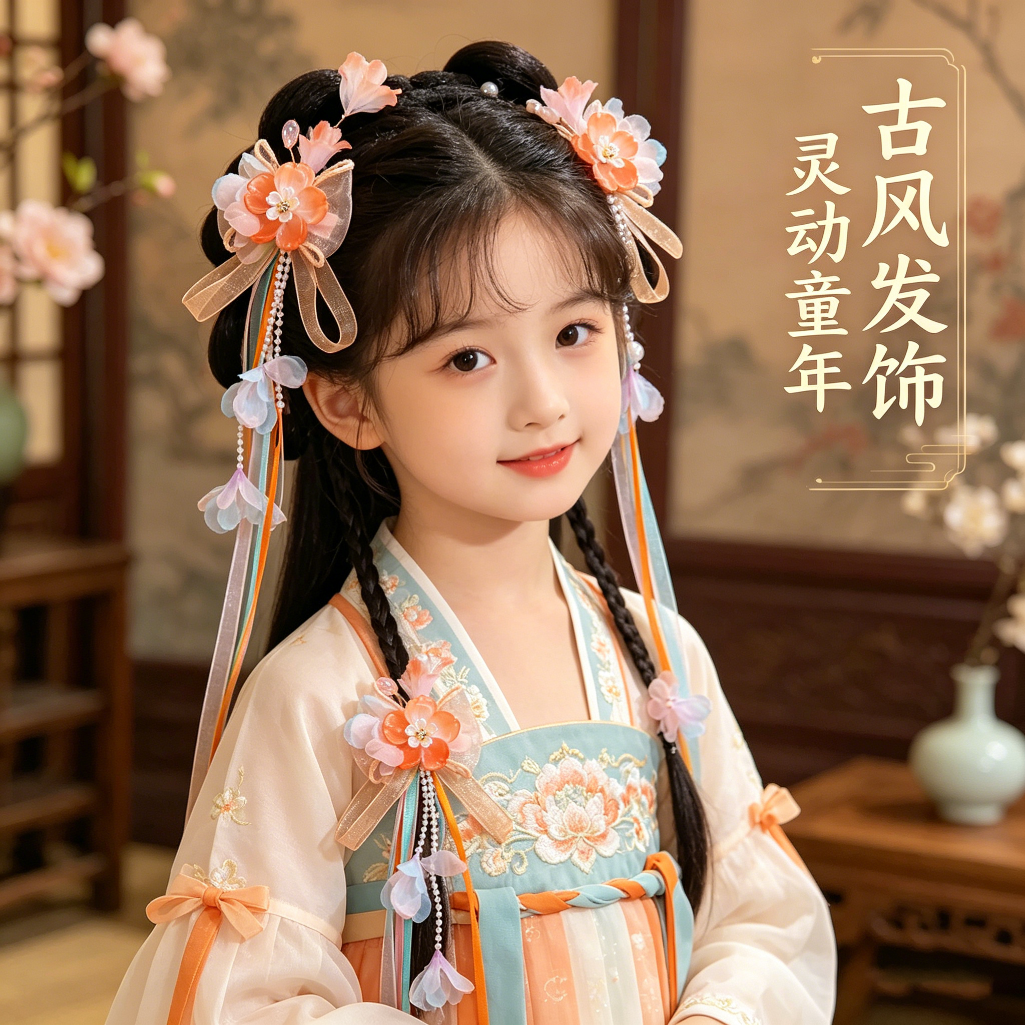 儿童新款古风配饰花朵蝴蝶流苏飘带发卡头花女童汉服古装头饰发饰