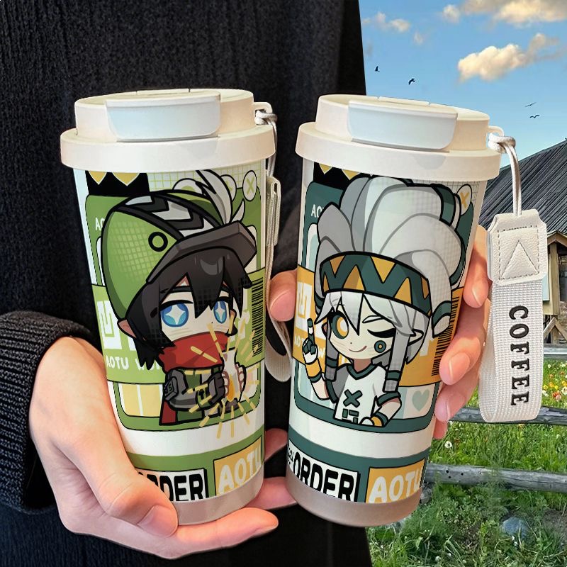 米卡尔帕洛斯Q版保温杯不锈钢学生高颜值吸管双饮大容量咖啡水杯