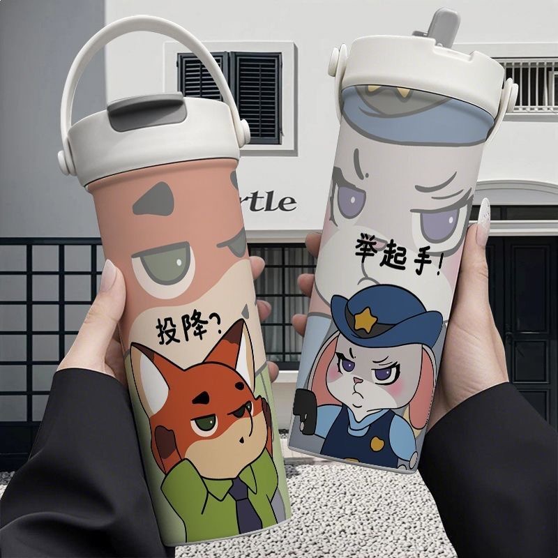 尼克朱迪卡通情侣新款不锈钢保温杯大容量水杯子吸管水杯车载随行