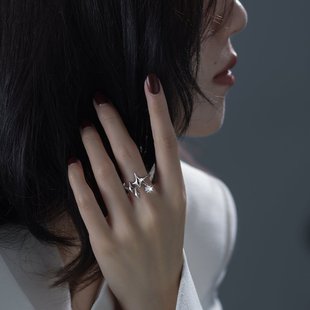 个性 925纯银戒指女小众设计ins冷淡风时尚 流星镶锆食指可调节指环