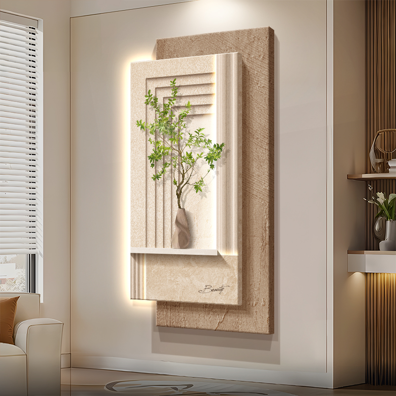 轻奢2025新款玄关感应带灯装饰画入户正对门挂画走廊过道绿植壁画