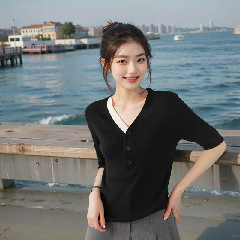 冰丝V领短袖针织衫夏季新款女装内搭复古T恤百搭撞色薄款打底上衣