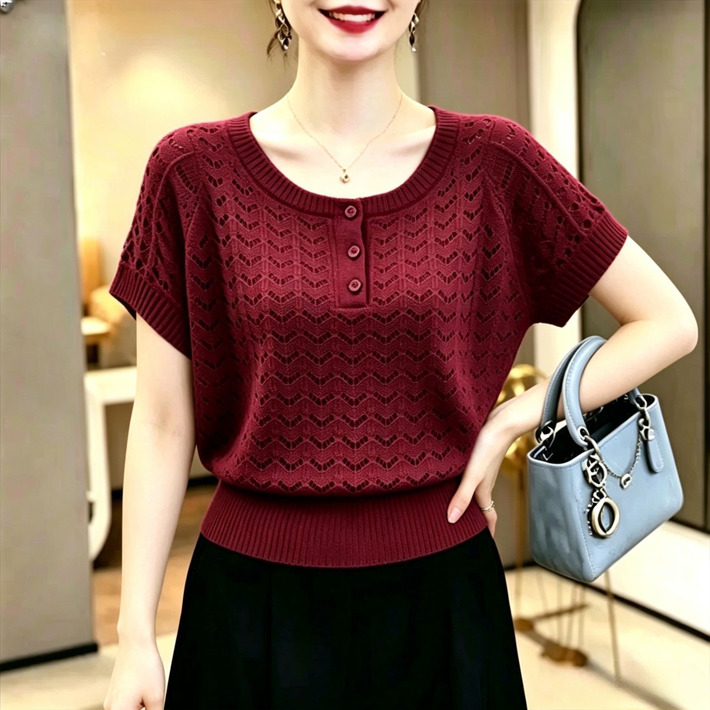 夏季女款镂空短袖针织衫T恤显瘦