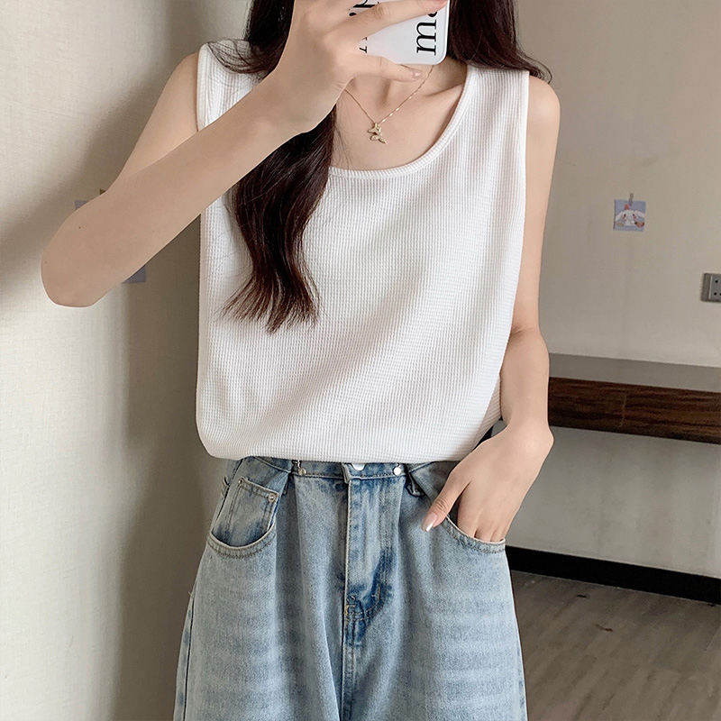 华夫格白色吊带背心女夏宽松遮肉外穿无袖t恤春秋季内搭胖mm上衣