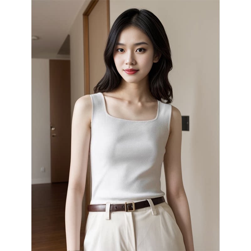 白色方领针织吊带背心女春夏季新款美背冰丝短款内搭外穿无袖上衣