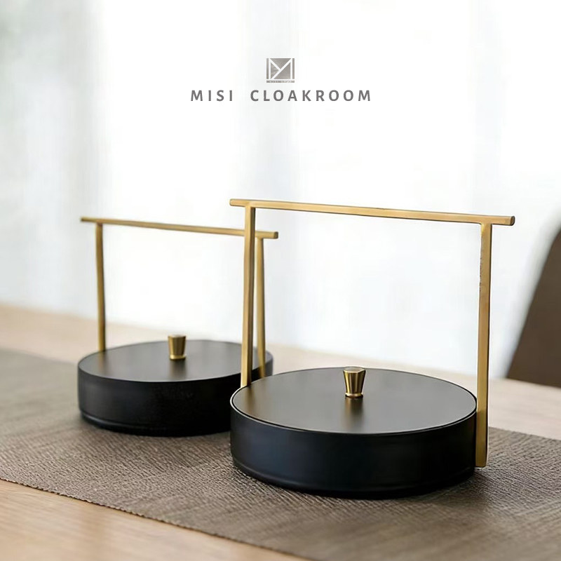 中式金属圆形储物罐装饰摆件家居黑色铁艺提篮摆设样板间装饰摆件