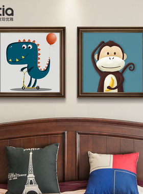 美式卡通画儿童房床头背景墙装饰画可爱动物男孩女孩卧室两联挂画