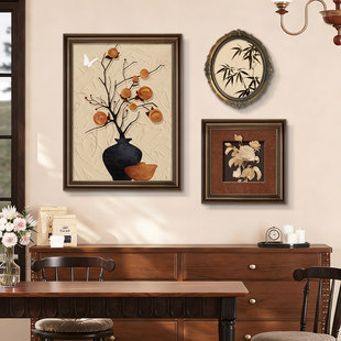 法式中古风餐厅装饰画饭厅背景墙挂画复古油画艺术组合壁画高级感