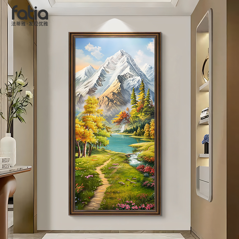 日照金山挂画玄关画手绘油画山水画高级感风景走廊过道装饰正对门图片