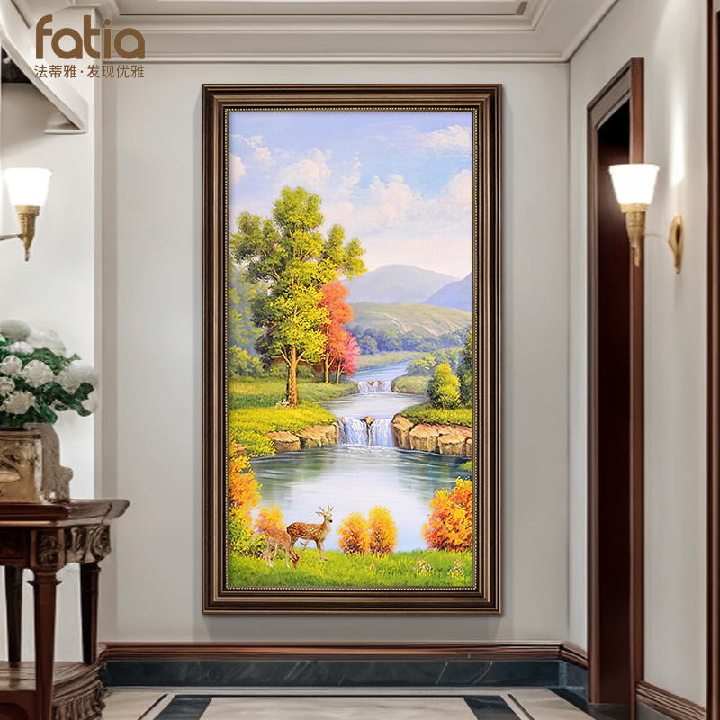 美式玄关装饰画复古油画山水画风景欧式入户走廊过道挂画高档壁画图片