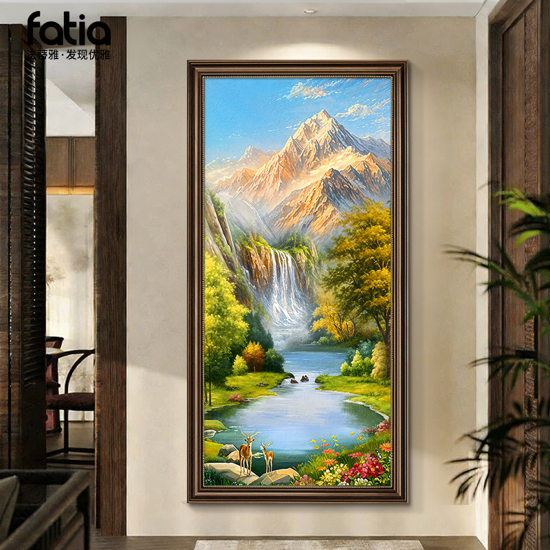 美式入户玄关装饰画客厅挂画欧式聚宝盆山水风景油画走廊过道壁画