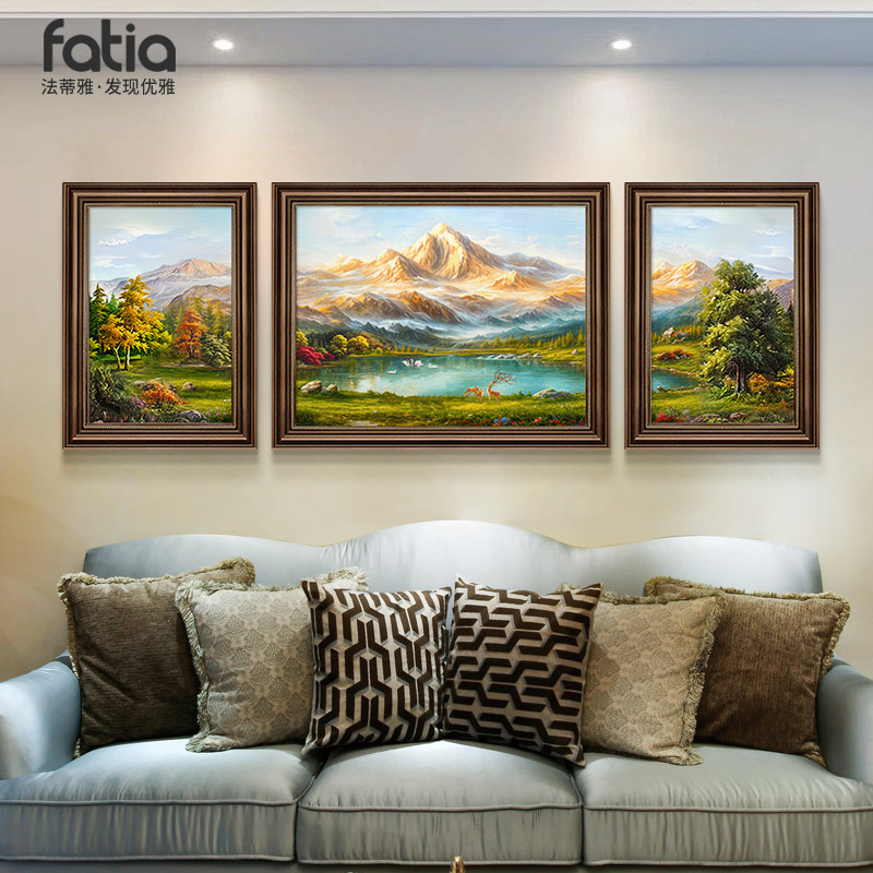 聚宝盆山水画客厅装饰画沙发背景墙挂画三联画高级感油画2026新款,家居饰品,现代装饰画,淘宝优惠券,粉丝福利购,淘宝优惠卷