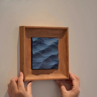 木雕海浪立体挂画木雕小摆件电视柜摆件正方形卧室桌面装饰画手工
