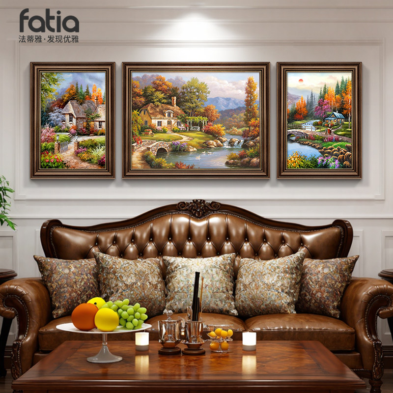 手绘油画美式高级客厅装饰沙发背景墙大气挂画欧式组合高级感壁画,家居饰品,现代装饰画,淘宝优惠券,粉丝福利购,淘宝优惠卷