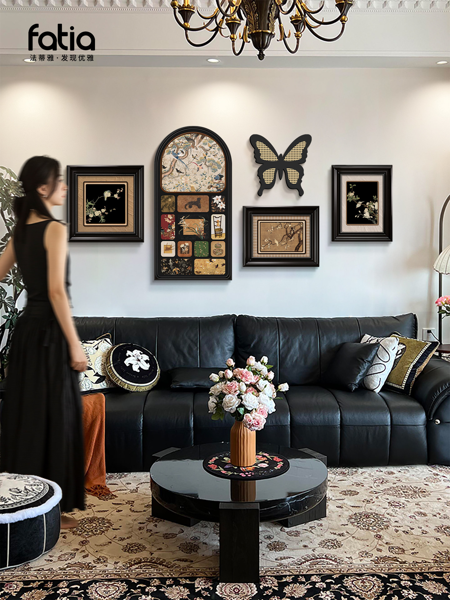 中古风客厅装饰画高级感沙发背景墙挂画覆古法式组合壁画宋式美学