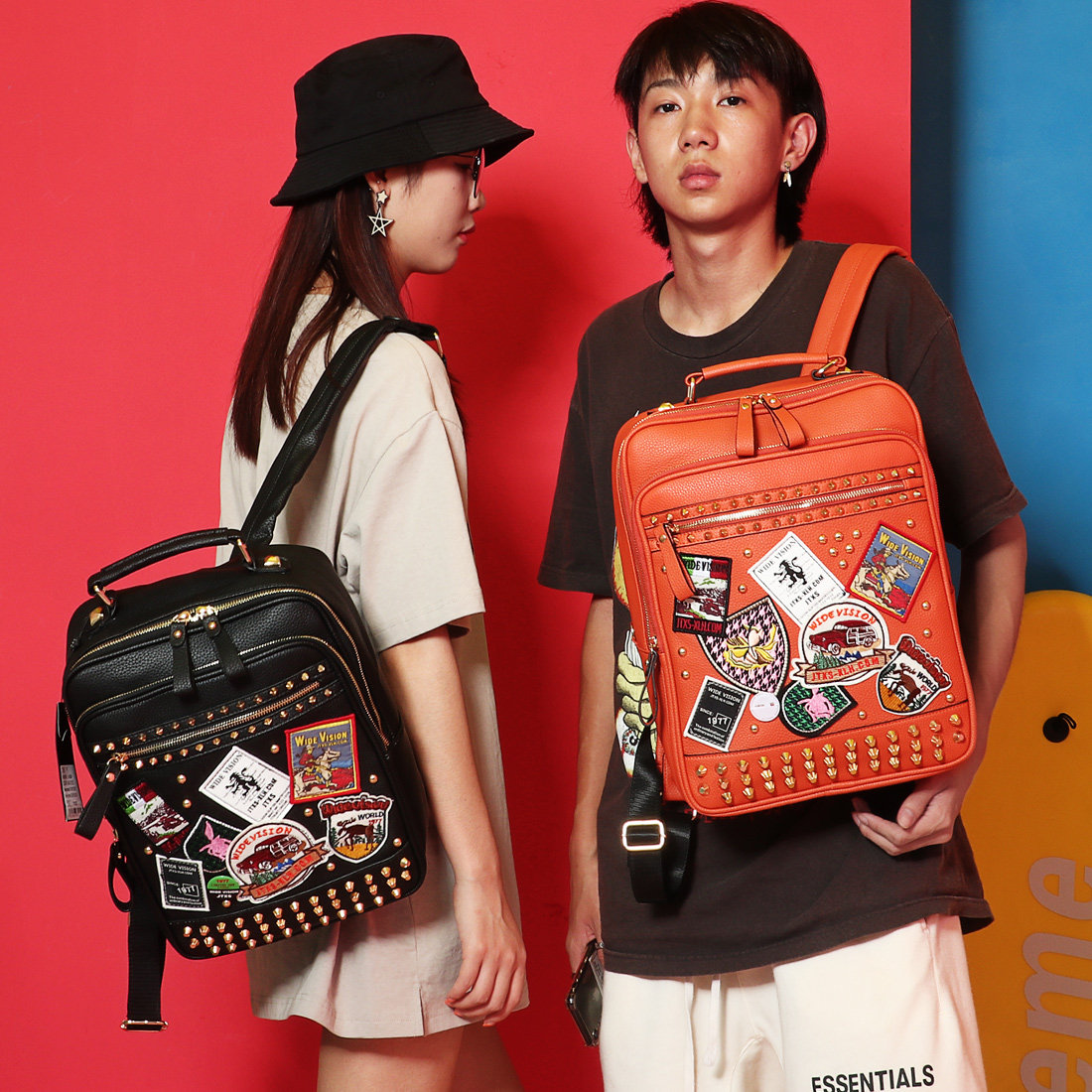 JTXS大容量双肩包女新款百搭铆钉背包男方形电脑包时尚潮流书包