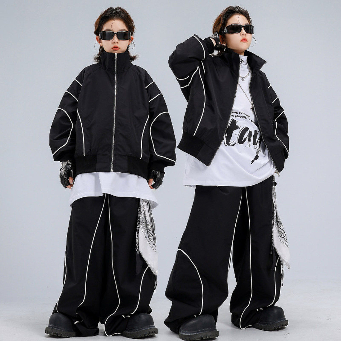 男童嘻哈街舞服演出服衬衫黑色字母架子鼓蓝色酷帅皮衣走秀黑黄