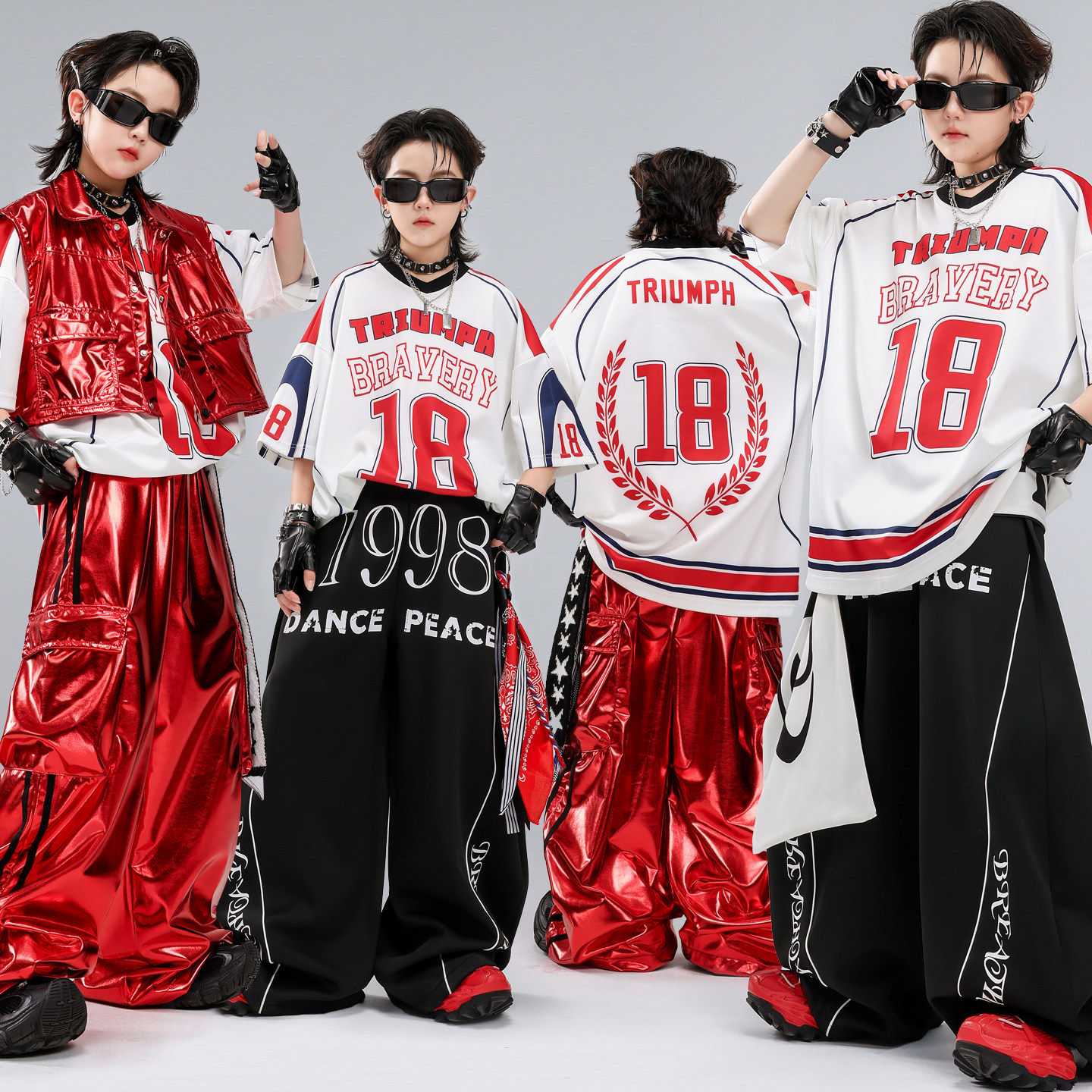 街舞服女童夏天短袖蓝色破洞炸街男孩演出服服装帅气hiphop男童