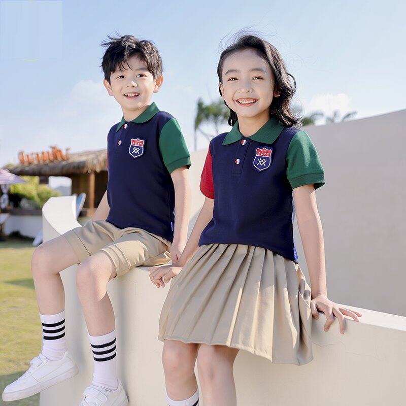 小学生班服教师儿童毕业班短袖运动套装三件套一年级红色六一男童