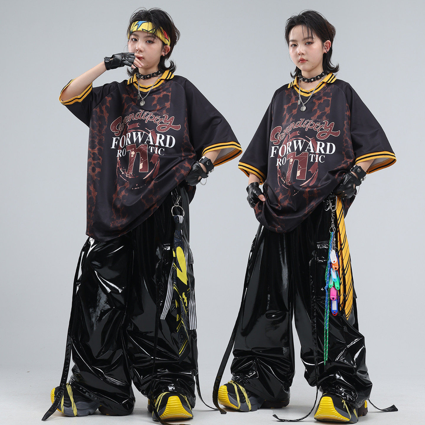 街舞服女童hiphop童服网孔服装黑黄宽松皮衣国风黑白帅气格子男孩