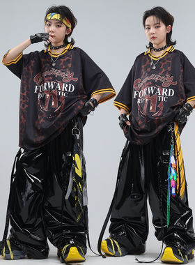 街舞服女童hiphop童服网孔服装黑黄宽松皮衣国风黑白帅气格子男孩